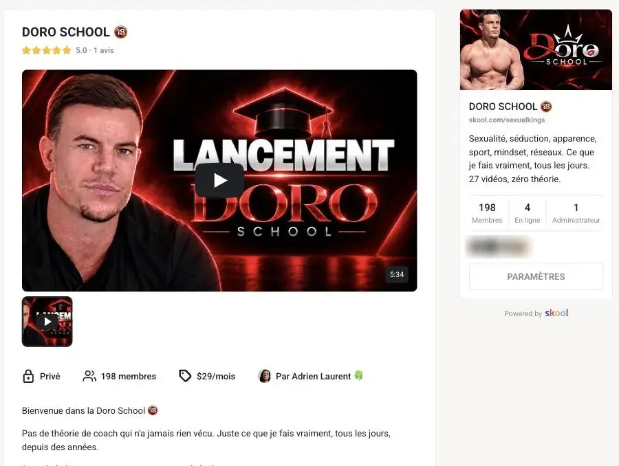 Page publique de la Doro School sur Skool : prix, nombre de membres et vidéo de lancement